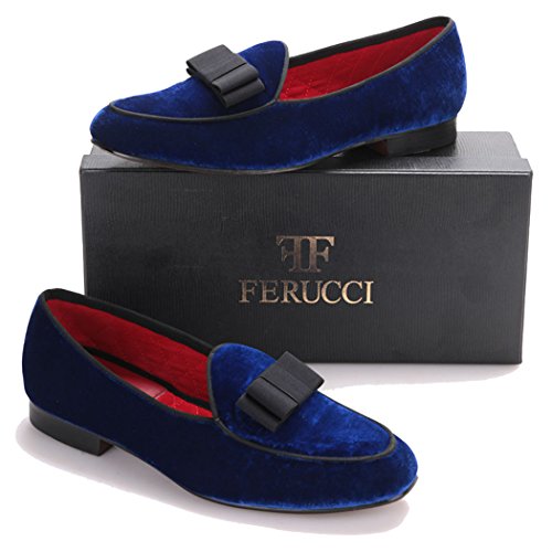 FERUCCI Handmade Blue Men Velvet Slippers Loafers with Black Bow2