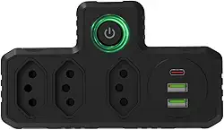 Extensão Tomada Filtro de Linha 3 Saídas, Régua Elétrica, Proteção Contra Surtos, Botão Liga/Desliga, Adaptador Universal, Preto (preto)