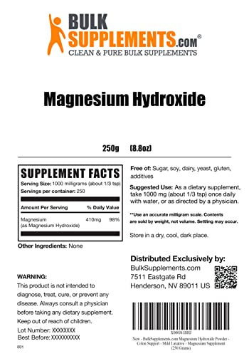 Bulksupplements.com Magnesium Hydroxide Powder - Magnesium Supplement For Bone & Muscle - Gluten Free - 1000Mg (410Mg Of Magnesium) Per Serving, 250 Servings (250 Grams - 8.8 Oz) #TOP1
