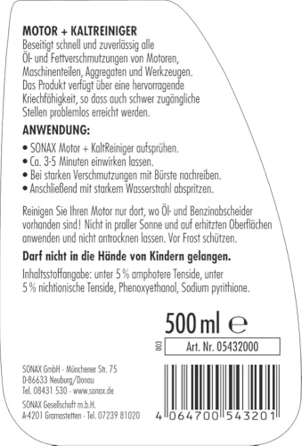 SONAX Motor+KaltReiniger (500 ml) beseitigt schnell und zuverlässig alle Öl- und Fettverschmutzungen | Art-Nr. 05432000