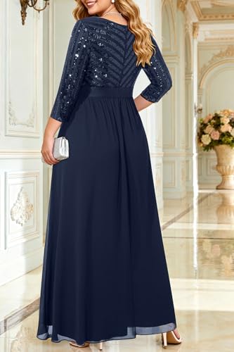 Image of Womens Plus Size Formal Dresses - V Neck 3 /4 Sleeve Sequin Prom Evening Gowns Long Maxi Dres