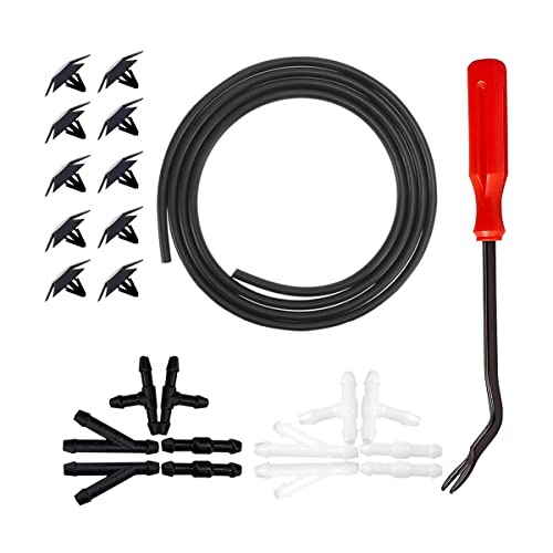 Windshield Washer Hose Kit, Washer Fluid Hose with Hose Connectors, Rubber Wiper Fluid Tubing Kit, Connect Car Water Pump and Nozzles, Compatible with Most Vehicles (4M Hose+23PCS Set)