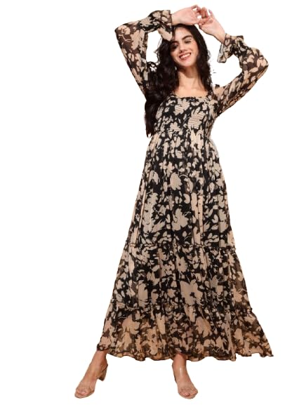 DRAPE AND DAZZLE Floral Print Long Sleeve Maxi Dress, Smocked Bodice, Bottle Green | Dress for Women Stylish with U-Neck | One Piece Dress for Women Long | Women Dress