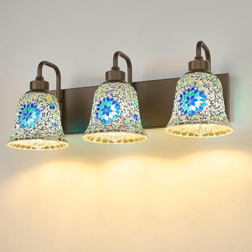 Image of zeyu Bathroom Light Fixtures, 3-Light Bathroom Vanity Light, 22 Inch Modern Wall Sconces with Blue Mosaic Glass, Oil Rubbed Bronze Finish, ZSL72B-3W ORB-BL