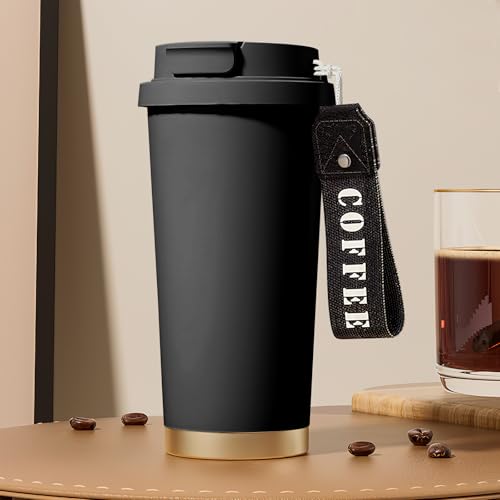 APOMOONS Taza térmica café para llevar con correa, Termo Café sin BPA de 0,53 litros Vaso termico cafe con aislante Travel mug de acero inoxidable a prueba de fugas taza aislada (Negro)