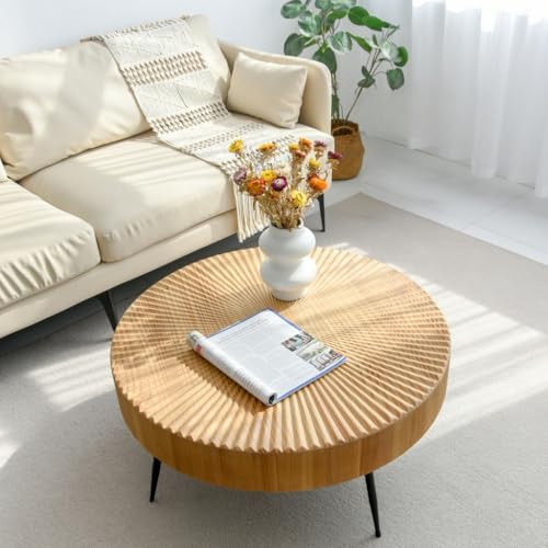 Zouron Mesa de Centro Redonda de Pino con Estructura de Hierro, Mesa de sofá para salón (77 * 77 * 36,5) cm,marrón Claro
