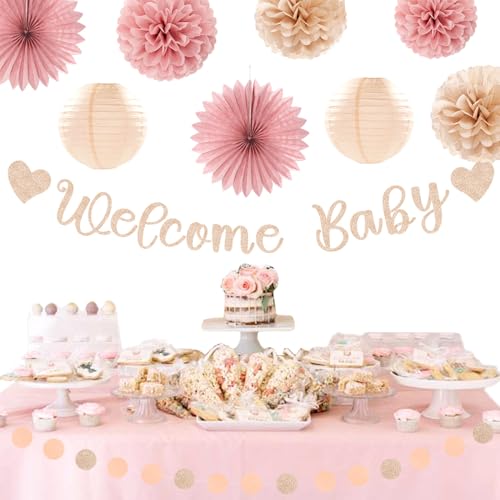 Image of Blush-Pink Rose-Gold Fall Baby-Shower Party-Decorations - 31pcs Welcome Home Banner Sign,Neutral Paper Lanterns,Girl Streamers Garland,Boho Hanging Tissue Pom Poms Flowers Fans Backdrop Decor Burgleda