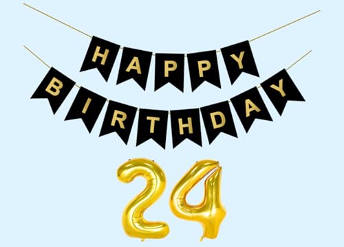Image of 24th Happy Birthday Decoration Kit Black for 24 year Old Boys Girls Men Women with Number Twenty-four Party Decorations Decor Celebration Items Item Set Combo Reusable Paper Banner