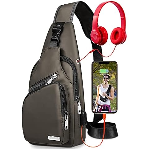 Waterproof Sling Bag Crossbody Backpack for Men Women Sling Backpack Hiking Daypack Multipurpose Cross Body Chest Shoulder Bag with USB Charger Port & Headphone Hole for Outdoor Walking Travel (Khaki) Cover