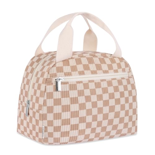 TENKIST Cute Lunch Box Tote Bag - Corduroy Insulated Cooler Bags for Women - Lightweight Reusable Portable Soft Lunch Pail Kit for Women Adults Work Picnic Travel Checkered Brown 8L