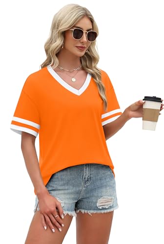 Image of WIHOLL Womens T Shirts Loose Fit Short Sleeve Tees V Neck Color Block Summer Tops 2026 Fashion S-4XL