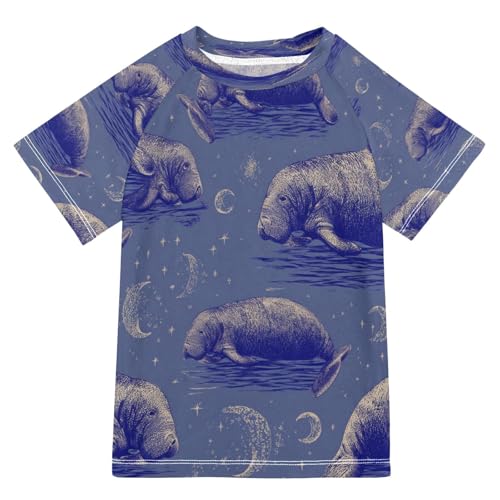 Boys Short Sleeve T-Shirts Manatee Heart Moon Rashguard Kids Swim Shirts Sun UPF 50+