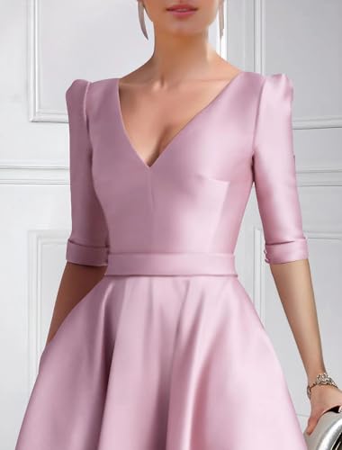 A-Line Wedding Guest Dress Elegant Dress Formal Semi-Formal Tea Length Half Sleeve V Neck Satin with Pocket 20243
