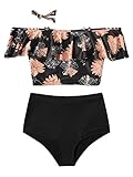 MakeMeChic Women's 2 Piece Bathing Suits Tropical Floral Ruffle Off Shoulder High Waisted Bikini Swimsuit Black L