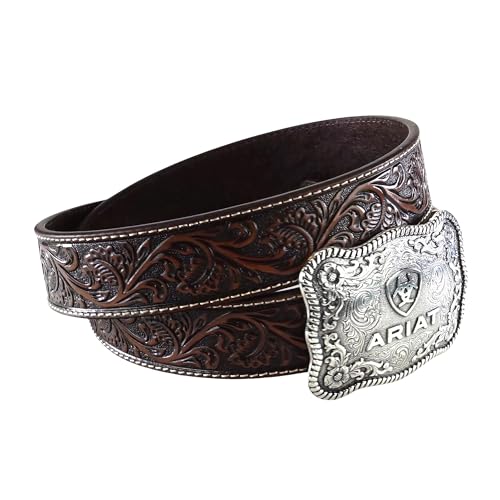 ARIAT Men's Floral Embossed Leather Belt with Antiqued Silver Cowboy Buckle2