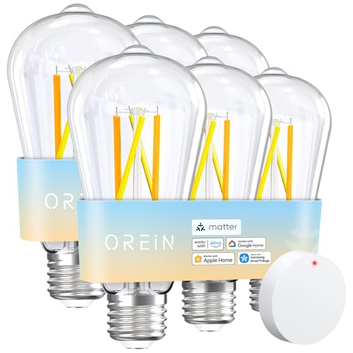 Image of OREiN Matter Smart Edison Bulbs, Work with Alexa /Apple Home /Google | 800lm Dimmable 2700K-6500K Tunable White, 2.4 Ghz Wi-Fi Smart LED Filament Bulb with Remote Control, 60W Equivalent, 6Pack