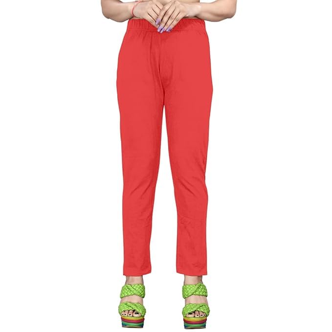 Image of Women's Solid Cotton Lycra Pants-High Waist Slim Fit Stretchable Leggings - Comfortable Long Trousers for Casual, Office & Everyday Wear