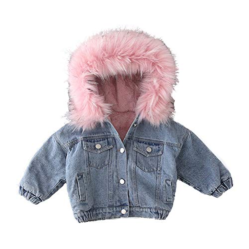 Toddler Baby Girls Faux Fur Collar Denim Jackets Hooded Thicken Fleece Long Sleeve Zipper Warm Cardigan Jean Coat Windproof Plush Winter Hoodie Outwear Snowsuit 1st Birthday Christmas Clothes Pink 1-2