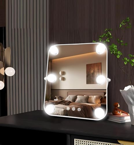 Image of Hollywood Vanity Mirror with Lights, Personal Makeup Mirrors with 6pc LED Bulbs, Cosmetic Mirrors for 3 Color Lighting,Touch Control (White)