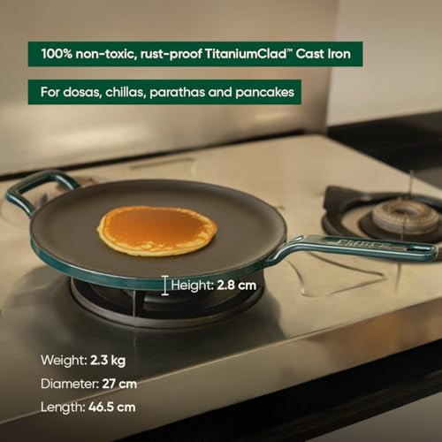 Image of Ember Cookware TitaniumClad Enamel Cast Iron Tawa for Dosa 27 cm | 10-Year Warranty | Rust-Proof Cast Iron Tawa for Roti & Dosa | Non Stick Dosa Tawa | Heavy Duty Induction Cookware | Teal