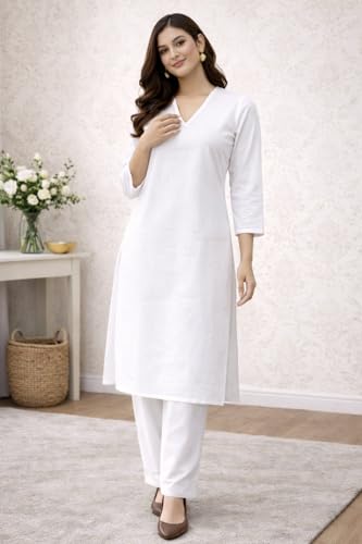 Image of JAIPUR HAND BLOCK Women's Cotton plain Straight Salwar Suit | V-Neck | 3 /4th Sleeve | Regular Fit | Daily, Office & Ethnic Wear(ST00125-V-NEW)