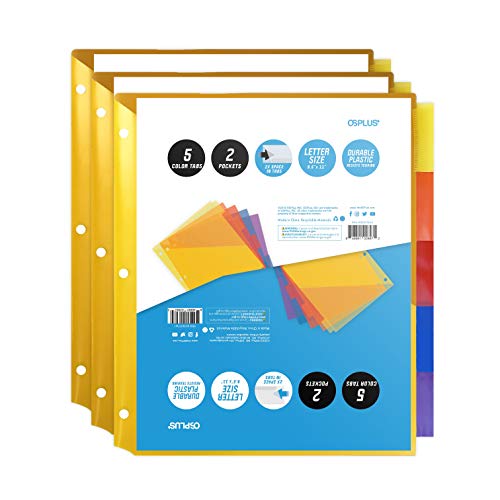 OS Plus 5-Tab Plastic Binder Dividers w/ 2 Pockets, Insertable Big Tabs, 3 Sets