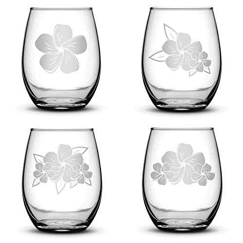 Integrity Bottles Set of 4, Plumeria Stemless Wine Glasses, Made in USA