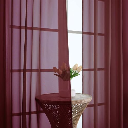 Image of OWENIE Sheer Curtains 84 Inches Long 2 Panels Set, Burgundy Sheer Curtain for Living Room Bedroom, Modern Filmy Rod Pocket Curtains Drapes, 2 Pcs, Each 59 W x 84L, Burgundy