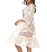 Women's Lace Cardigan Floral Crochet Sheer Beach Cover Ups Long Open Kimono