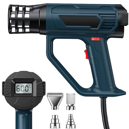 Pfloge® Pistola Termica Professionale 2500W con Display Digitale LCD, 50℃-600℃ Pistola Aria Calda Temperatura e 2 Flussi D'Aria Regolabili, Pistola Ad Aria Calda con 4 Ugelli per Riscaldamento