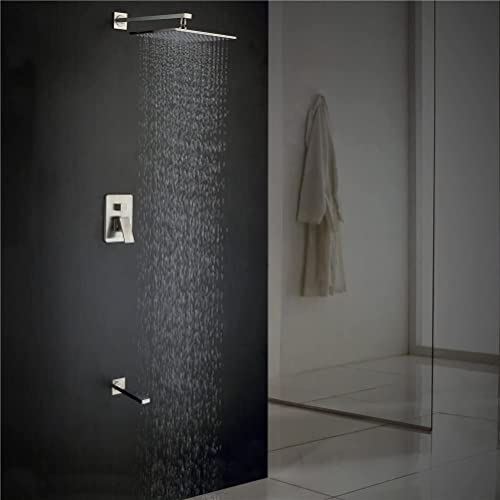 Sistema de ducha antiguo Cascada con ducha de mano Juego de grifo de ducha de níquel cepillado Grifo de ducha de baño con válvula de cerámica con rociador superior de 8 pulgadas montado en la pared,