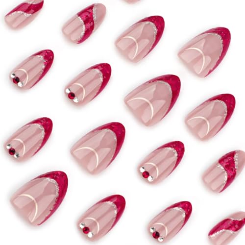 Image of Red French Tip Press on Nails Gold Line Fake Nails with Rhinestone Design Nude Glue on Nails Glossy Artificial Acrylic Full Cover Glitter Stick on Nails Short Almond False Nails for Women Manicure