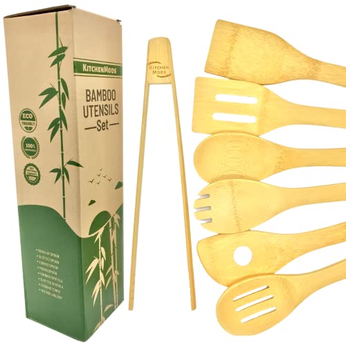 KitchenMods Wooden Spoons For Cooking - 7 Piece Bamboo Kitchen Utensils Set Wood Spoons Wood Spatula Wooden Utensil Home Essentials