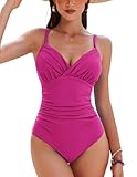 AI'MAGE Women's One Piece Ruched Swimsuit 2025 Tummy Control Bathing Suits Sexy V Neck Swimwear Rose Red S