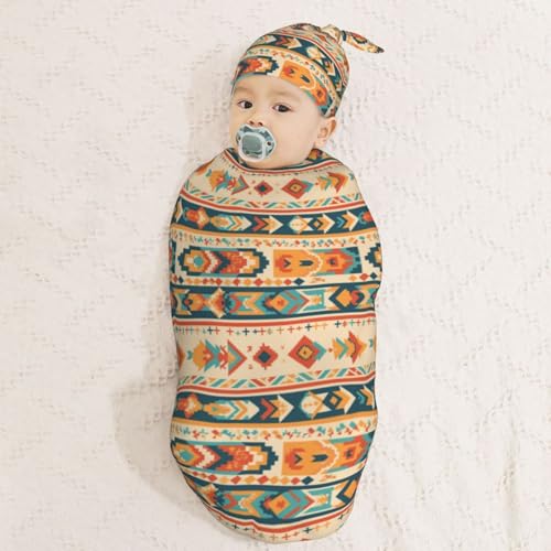 Image of Vintage Aztec Style Pattern Newborn Swaddle Blankets Hat Sets Soft Baby Receiving Blanket Swaddle Sack for Baby Shower Infant Boy Girl Gift