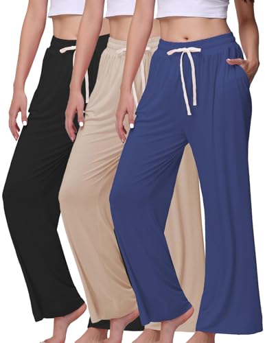 Image of Veseacky Women's Wide Leg Lounge Pants Yoga Pajamas Comfy Stretch Drawstring Pajamas Puls Size Dance Bottoms S-4XL