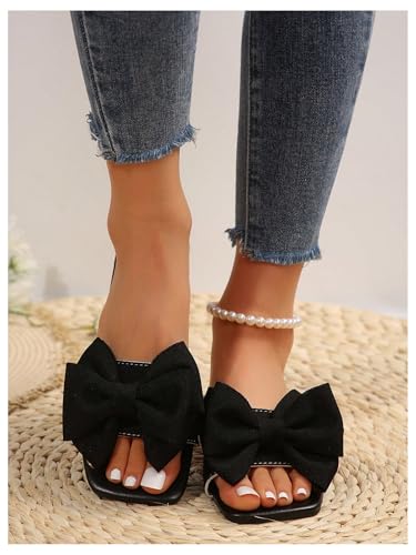 Verdusa Women'S Bow Square Toe Flat Sandals Summer Slides Slip On Sandals Black 8 thumb #3