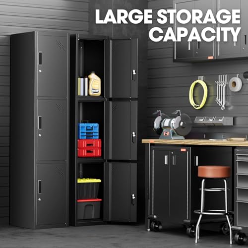 Image of DNA Motoring Metal Storage Cabinet for Employees with Keys, 71 inch Employees Metal Locker with 3 Doors, Tall Storage Lockers for Garage,Office,Home,Gym, Black, TOOLS-00789-BK-BK