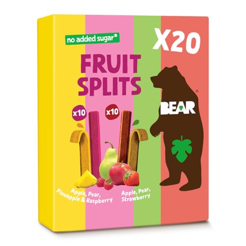 BEAR Real Fruit Snack Splits - Gluten Free, Vegan, and Non-GMO - Variety Pack (Apple/Strawberry, Raspberry/Pineapple)– Healthy School And Lunch Snacks For Kids And Adults, 0.7 Ounce (Pack of 20)