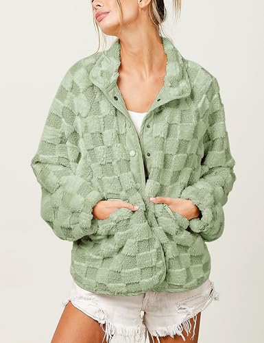 Yidarer Womens Winter Checkerboard Sherpa Fleece Jacket Plaid Fuzzy Button Oversized Outerwear with Pockets3