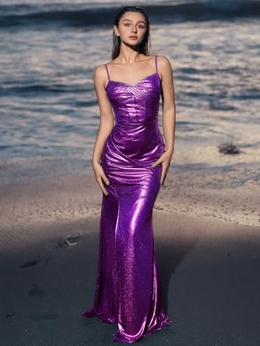 Image of Miusol Women's Elegant Sequin Lace Spaghetti Straps Formal Satin Maxi Dress
