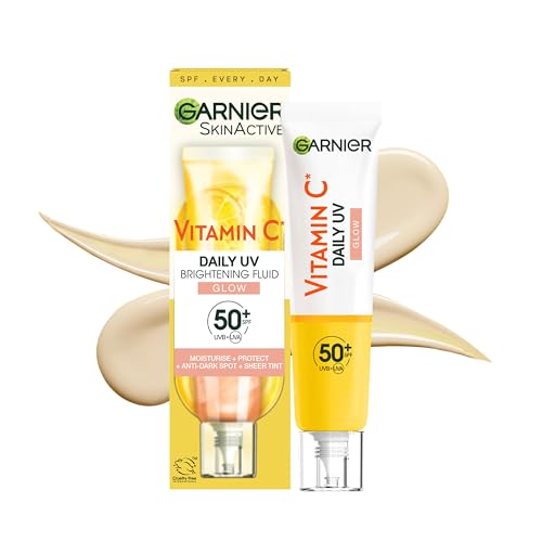 Garnier Vitamin C Tägliches Sonnenfluid, LSF 50+, Schützt und korriegiert Schäden durch die Sonne, Gleicht den Hautton aus, Für Gesicht & Hals, Vegan, Für alle Hauttypen, Daily UV Glow, 40 ml