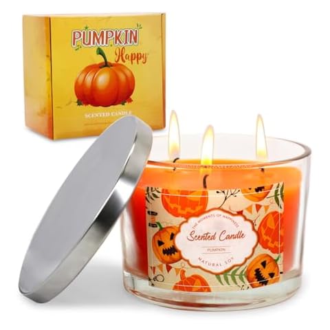 Pumpkin Scented Candle for Halloween Large 3 Wicks Orange Colored Glass Jar Candle, Strong Highly Scent Aromatherapy Fall Candle Gift Set for Home Decor, 14 Ounce 60-70 Hours Burning Time Cover