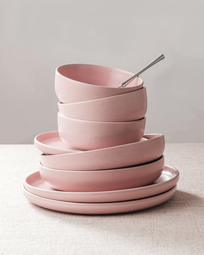 Image of Famiware Milkyway 24-Piece Stoneware Dinnerware Set, Light Pink | Plates and Bowls for 8, Reactive Glaze Dish Set, Microwave & Dishwasher Safe, Chip & Scratch Resistant
