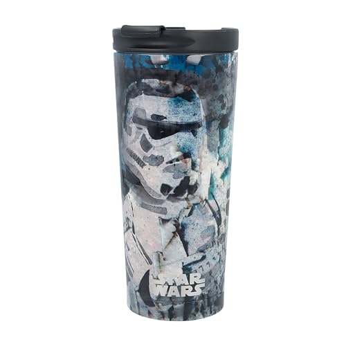 Elbenwald Termo Star Wars - 425 ml - Vaso para llevar de acero inoxidable con tapa a rosca y apertura cerrable (altura 19 cm) - Blanco/Azul con motivo de Stormtrooper