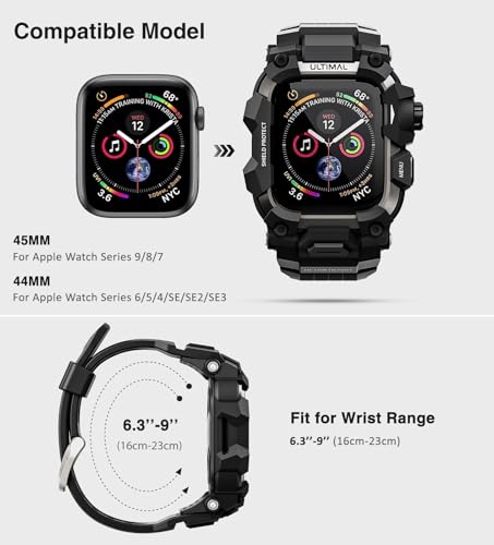 Image of ULTIMAL Rugged Case with Band for Apple Watch 44mm,Compatible with Apple Watch Series SE 3 /SE 2 /SE Generation /6 /5 /4, Military Grade Shockproof Bumper Cover for iWatch Tactical Band Men (Black, 44mm)