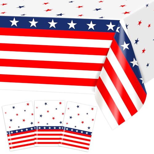 Image of Avezano 3 pcs 4th of July Tablecloth Patriotic Tablecloths Red White and Blue Plastic Table Covers Disposable 108 x 54 inch Fourth of July Decorations