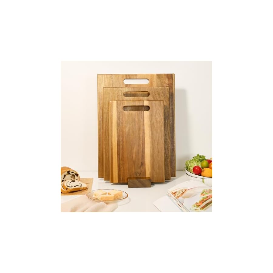 YSTKC Acacia Wood Cutting Boards Set of 3 PCS for Kitchen, Large Wooden Cutting Board Set with Handle, Thick Chopping Board, Butcher Block Wooden Trays for Meat, Fruit Vegetable and Cheese