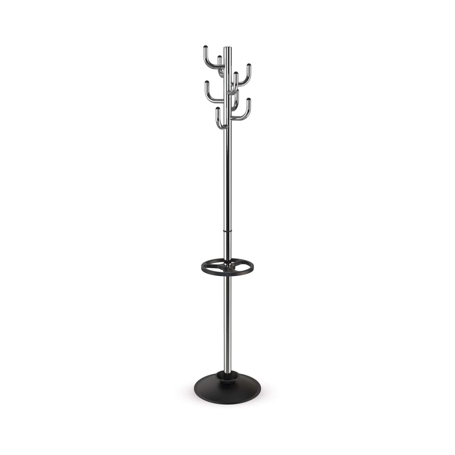 MAUL MAULpolaris Coat Rack 36.5 x 36.5 x 177 cm | Coat Stand with Umbrella Holder and 8 Hooks | Hallway Coat Rack for Office, Reception Area | Sturdy Steel Clothes Stand | Chrome