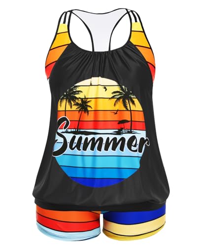 Image of Womens Plus Size Tankini Swimsuit Two Piece Tummy Control Bathing Suit | Blouson Racerback Tankini Top with Shorts, Double Up Design, Removable Pad